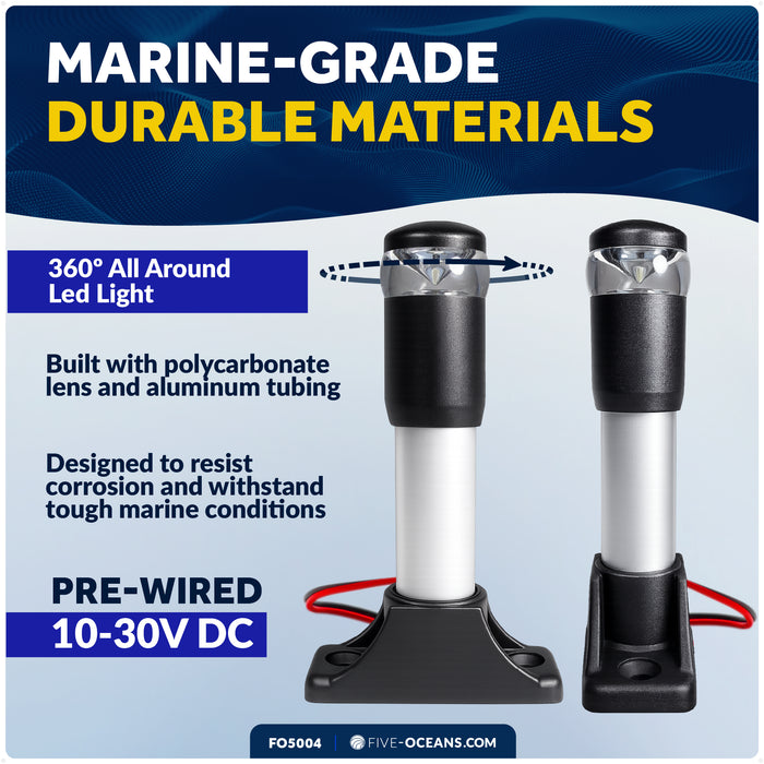 4-1/2" LED Anchor Light, Certified 2NM, Fixed Base, Polycarbonate Lens & Aluminum Tube,  10-30V DC - FO5004 - Five Oceans