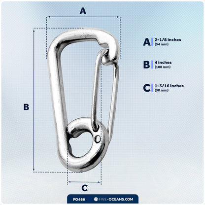 4" Asymmetric Snap Hook Carabiner, AISI316 Stainless Steel - FO466 - Five Oceans