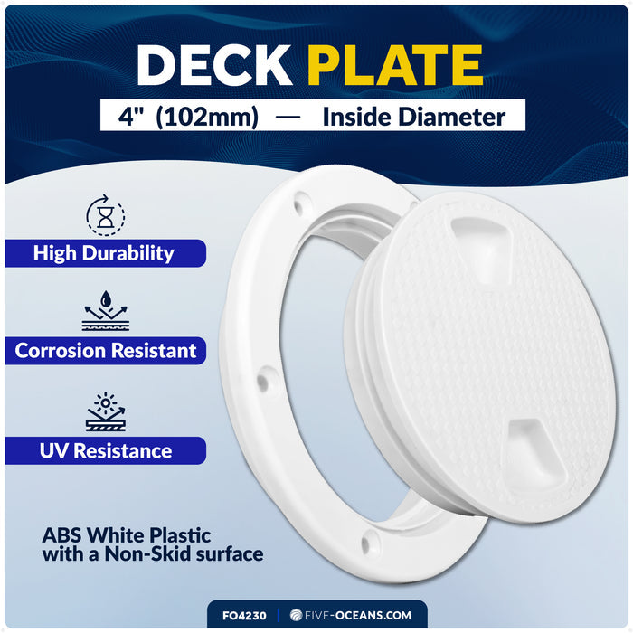 4" Deck Plate, Round Screw-in, Non-skid, White - FO4230 - Five Oceans