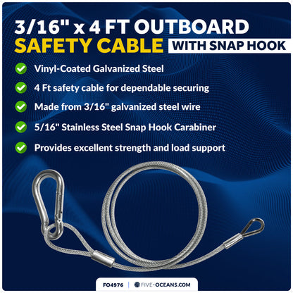 4 Ft Outboard Safety Cable 3/16" with Snap Hook, Vinyl-Coated Galvanized Steel