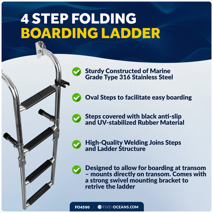 4-Step Folding Transom Ladder, AISI316 Stainless Steel - FO4500 - Five Oceans