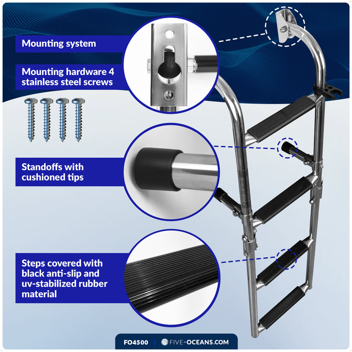 4-Step Folding Transom Ladder, AISI316 Stainless Steel - FO4500 - Five Oceans