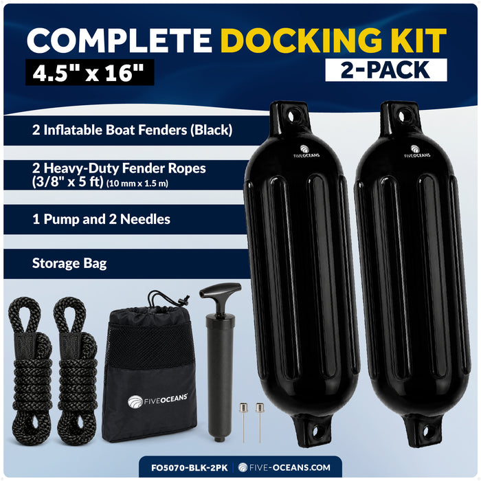4.5" x 16" Inflatable Boat Fender, Marine-Grade PVC - Black, 2-Pack
