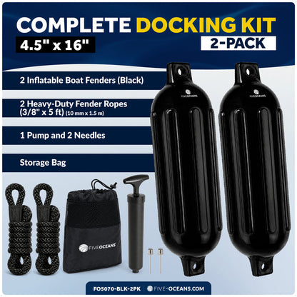 4.5" x 16" Inflatable Boat Fender, Marine-Grade PVC - Black, 2-Pack