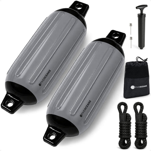 4.5" x 16" Inflatable Boat Fender, Marine-Grade PVC - Gray/Black, 2-Pack