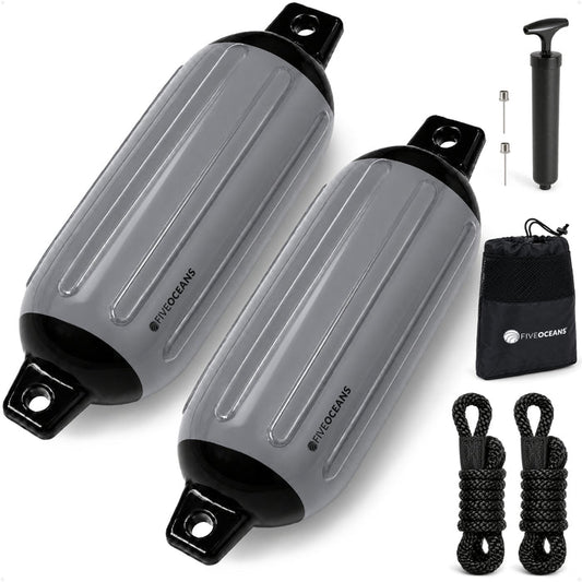 4.5" x 16" Inflatable Boat Fender, Marine-Grade PVC - Gray/Black, 2-Pack