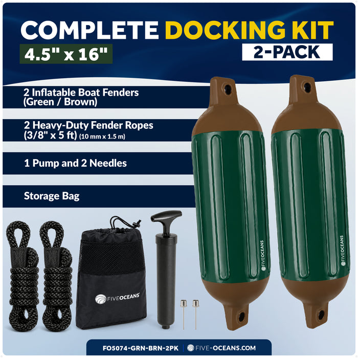 4.5" x 16" Inflatable Boat Fender, Marine-Grade PVC - Green/Brown, 2-Pack