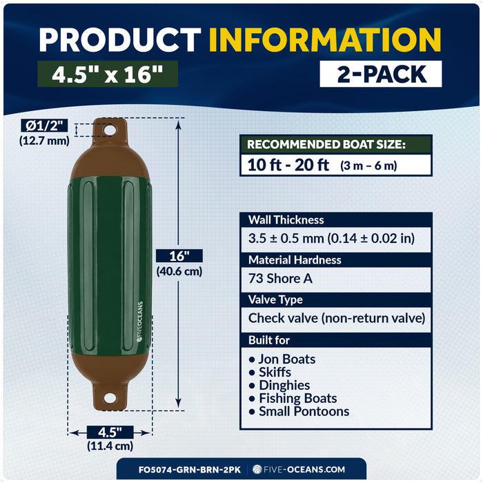 4.5" x 16" Inflatable Boat Fender, Marine-Grade PVC - Green/Brown, 2-Pack