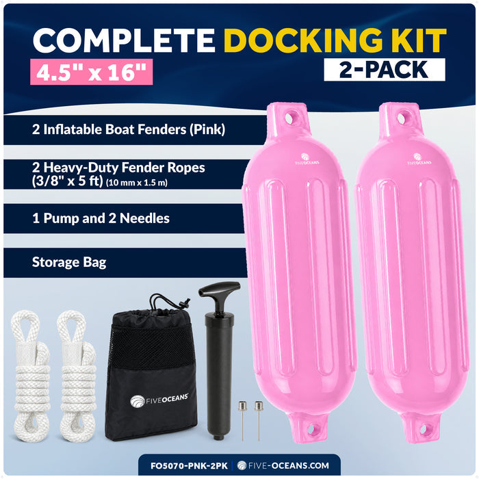 4.5" x 16" Inflatable Boat Fender, Marine-Grade PVC - Pink, 2-Pack