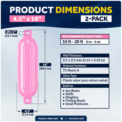 4.5" x 16" Inflatable Boat Fender, Marine-Grade PVC - Pink, 2-Pack