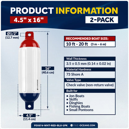 4.5" x 16" Inflatable Boat Fender, Marine-Grade PVC - White/Red/Blue, 2-Pack