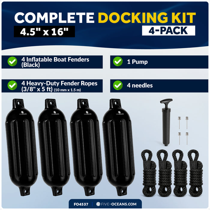 4.5" x 16" Inflatable Ribbed Boat Fenders, Black, 4-Pack