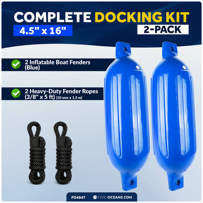 4.5" x 16" Inflatable Ribbed Boat Fenders, Blue, 2-Pack
