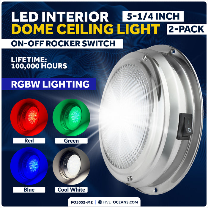 5-1/2" RGBW LED Dome Ceiling Light with Internal Drive, 12V, Stainless Steel Housing, 2-Pack