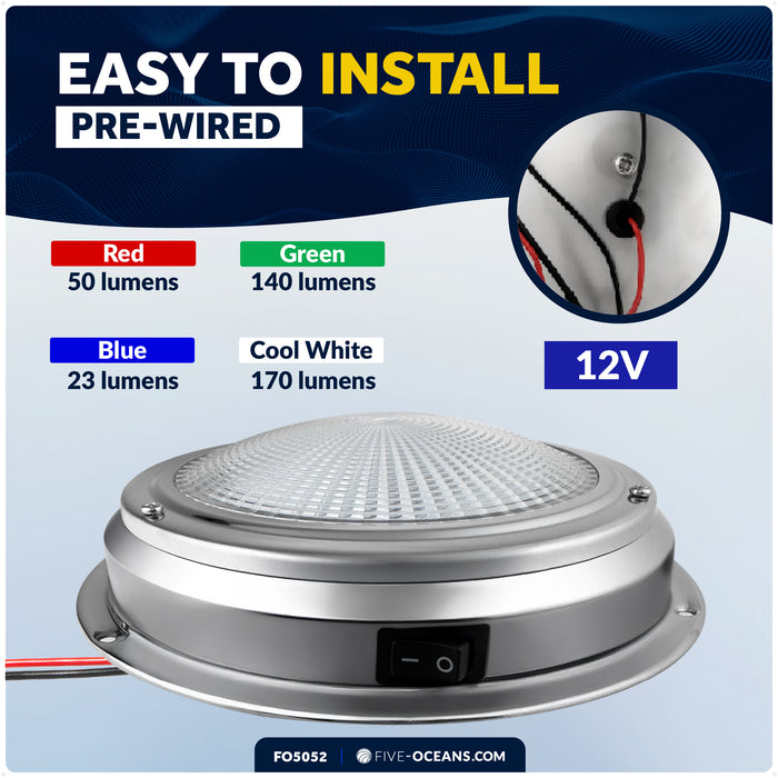 5-1/2" RGBW LED Dome Ceiling Light with Internal Drive, 12V, Stainless Steel Housing