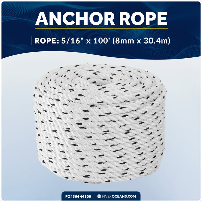 5/16" x 100' Premium 3-Strand Nylon Line, White with Black Tracer - FO4566-M100 - Five Oceans