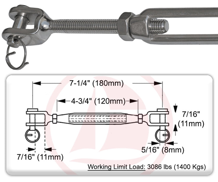 5/16" x 4-1/4" (M8 x 108 mm) Jaw & Jaw Turnbuckle, Open Body, 316 Stainless Steel