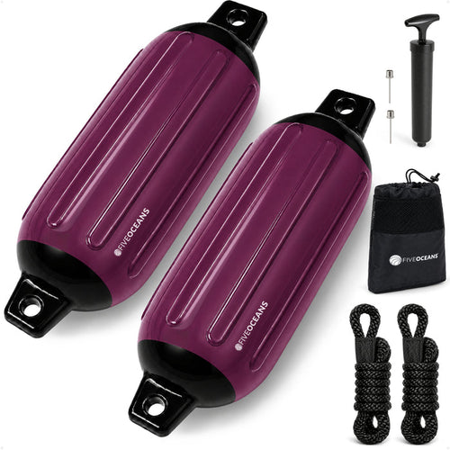 5.5" x 20" Inflatable Boat Fender, Marine-Grade PVC - Cranberry/Black, 2-Pack