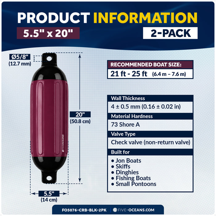 5.5" x 20" Inflatable Boat Fender, Marine-Grade PVC - Cranberry/Black, 2-Pack