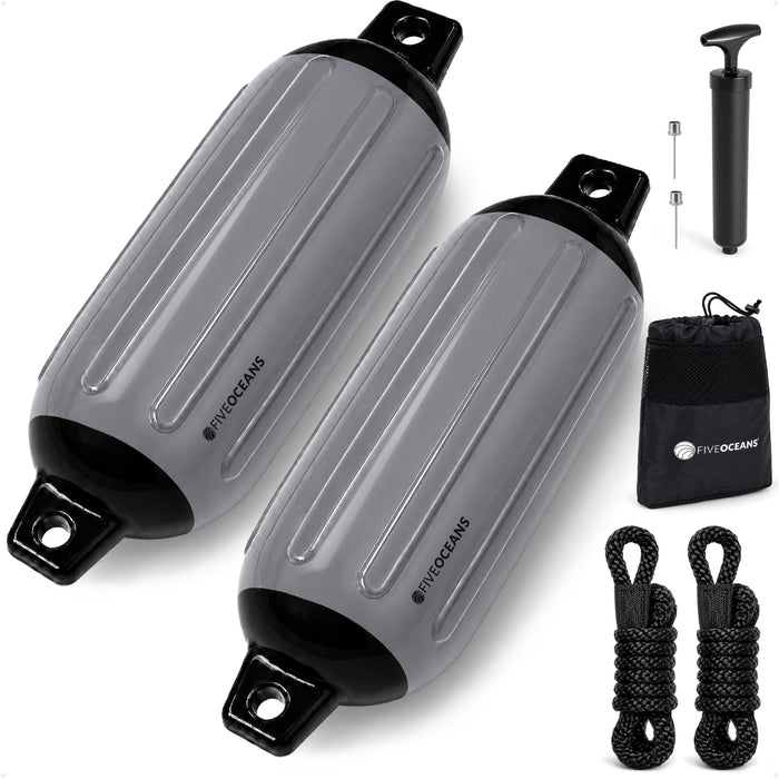 5.5" x 20" Inflatable Boat Fender, Marine-Grade PVC - Gray/Black, 2-Pack