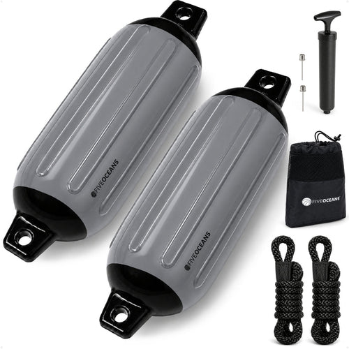 5.5" x 20" Inflatable Boat Fender, Marine-Grade PVC - Gray/Black, 2-Pack