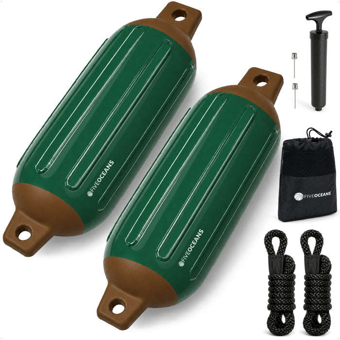 5.5" x 20" Inflatable Boat Fender, Marine-Grade PVC - Green/Brown, 2-Pack