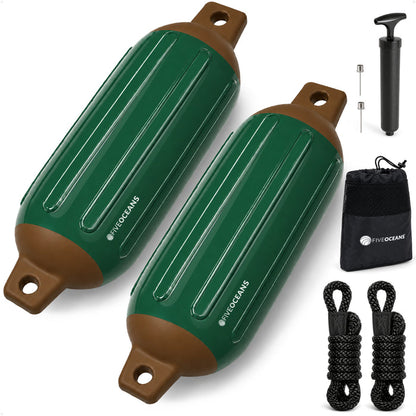 5.5" x 20" Inflatable Boat Fender, Marine-Grade PVC - Green/Brown, 2-Pack