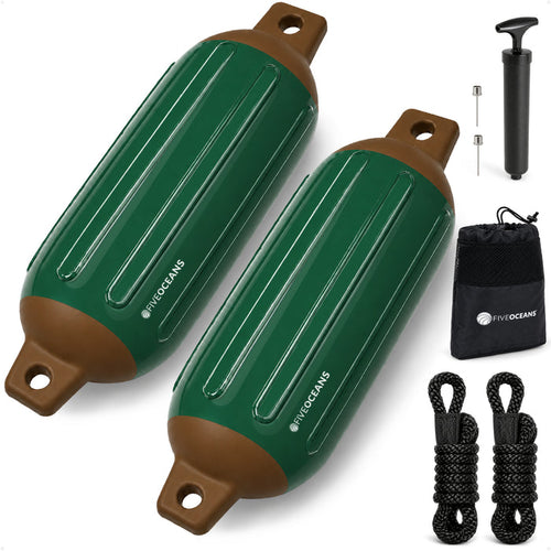 5.5" x 20" Inflatable Boat Fender, Marine-Grade PVC - Green/Brown, 2-Pack