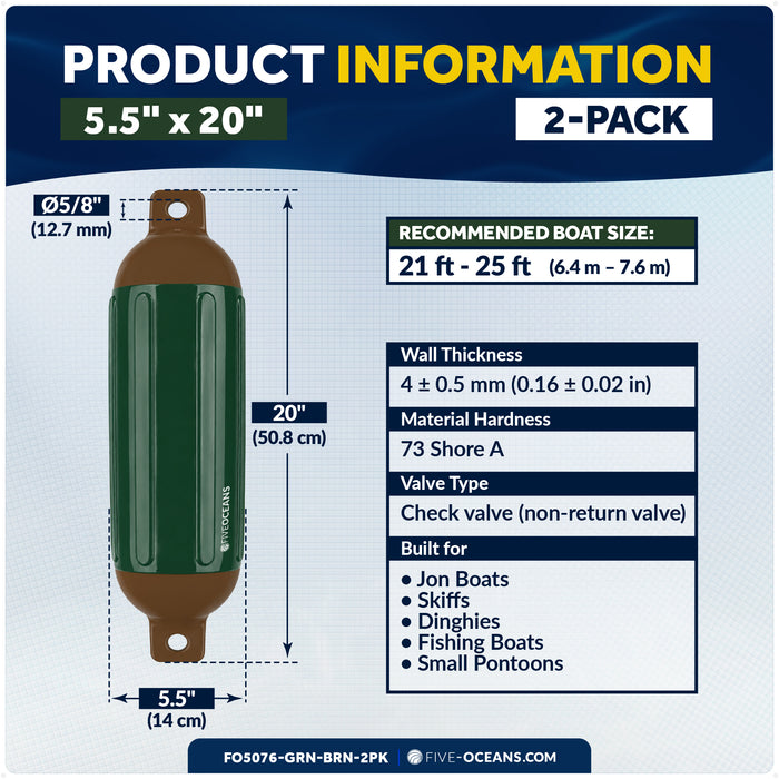 5.5" x 20" Inflatable Boat Fender, Marine-Grade PVC - Green/Brown, 2-Pack