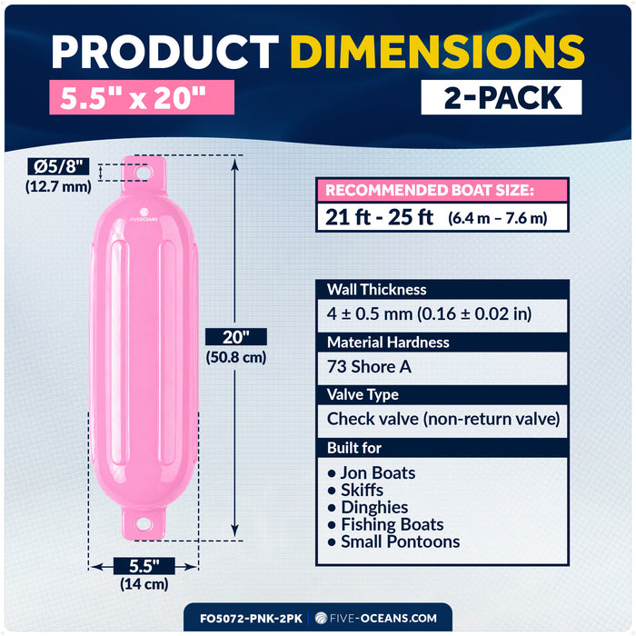 5.5" x 20" Inflatable Boat Fender, Marine-Grade PVC - Pink, 2-Pack