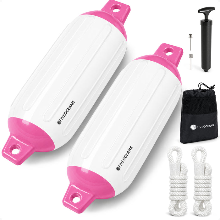 5.5" x 20" Inflatable Boat Fender, Marine-Grade PVC - White/Pink, 2-Pack