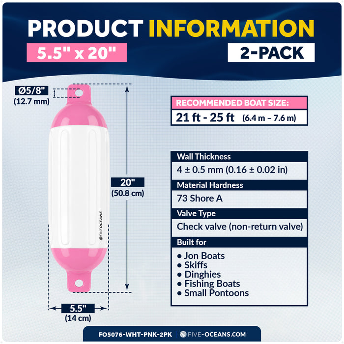 5.5" x 20" Inflatable Boat Fender, Marine-Grade PVC - White/Pink, 2-Pack