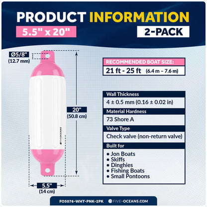 5.5" x 20" Inflatable Boat Fender, Marine-Grade PVC - White/Pink, 2-Pack