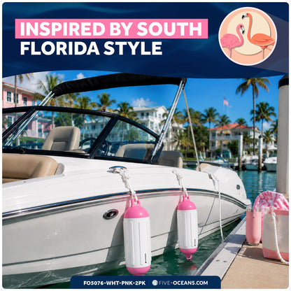 5.5" x 20" Inflatable Boat Fender, Marine-Grade PVC - White/Pink, 2-Pack