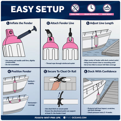 5.5" x 20" Inflatable Boat Fender, Marine-Grade PVC - White/Pink, 2-Pack