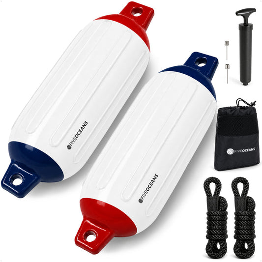 5.5" x 20" Inflatable Boat Fender, Marine-Grade PVC - White/Red/Blue, 2-Pack