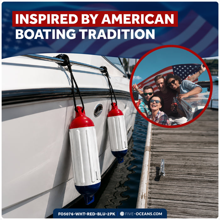 5.5" x 20" Inflatable Boat Fender, Marine-Grade PVC - White/Red/Blue, 2-Pack