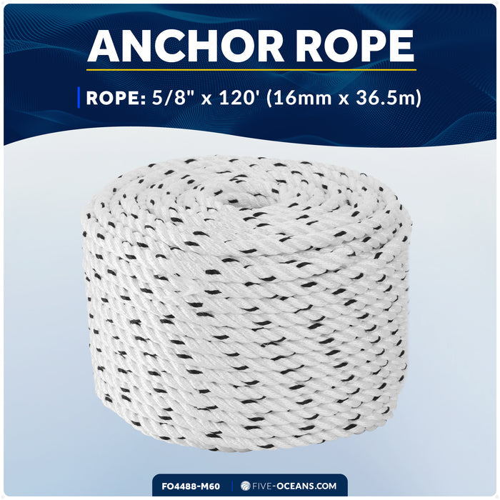 5/8" x 120' Premium 3-Strand Nylon Rope Line, White with Black Tracer - FO4488-M120 - Five Oceans