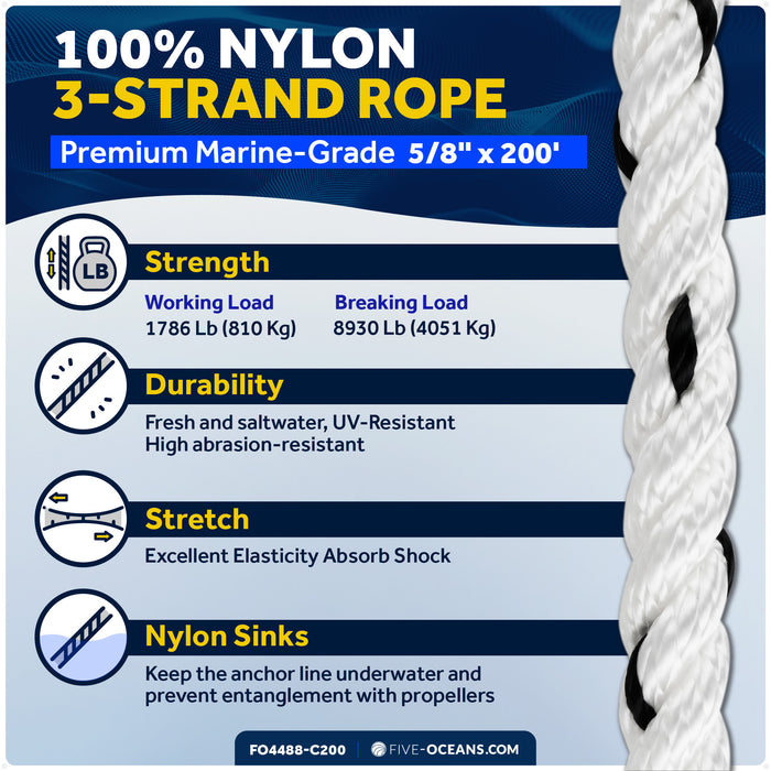 5/8" x 200' Premium 3-Strand Nylon Anchor Line - FO4488-C200 - Five Oceans