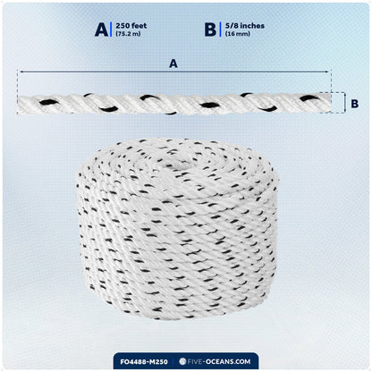 5/8" x 250' Premium 3-Strand Nylon Rope Line, White with Black Tracer - FO4488-M250 - Five Oceans