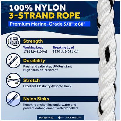 5/8" x 60' Premium 3-Strand Nylon Rope Line, White with Black Tracer - FO4488-M60 - Five Oceans