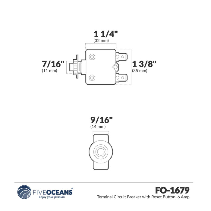 6 Amp Push-Button Reset Circuit Breaker 125-250V AC / 50V DC, 2-Pack - FO1679-M2 - Five Oceans