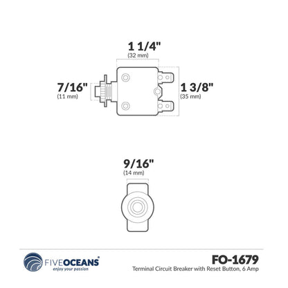 6 Amp Push-Button Reset Circuit Breaker 125-250V AC / 50V DC, 2-Pack - FO1679-M2 - Five Oceans