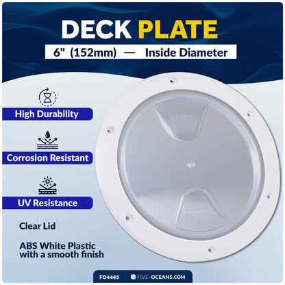 6" Deck Plate, Round Screw-in, White with Clear Lid - FO4465 - Five Oceans