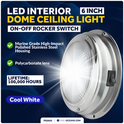 6" LED Surface-Mount Dome / Ceiling Light, Daylight White, Stainless Steel Housing, 12V - FO2625 - Five Oceans