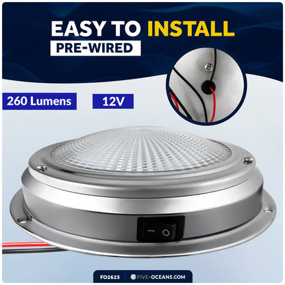 6" LED Surface-Mount Dome / Ceiling Light, Daylight White, Stainless Steel Housing, 12V - FO2625 - Five Oceans