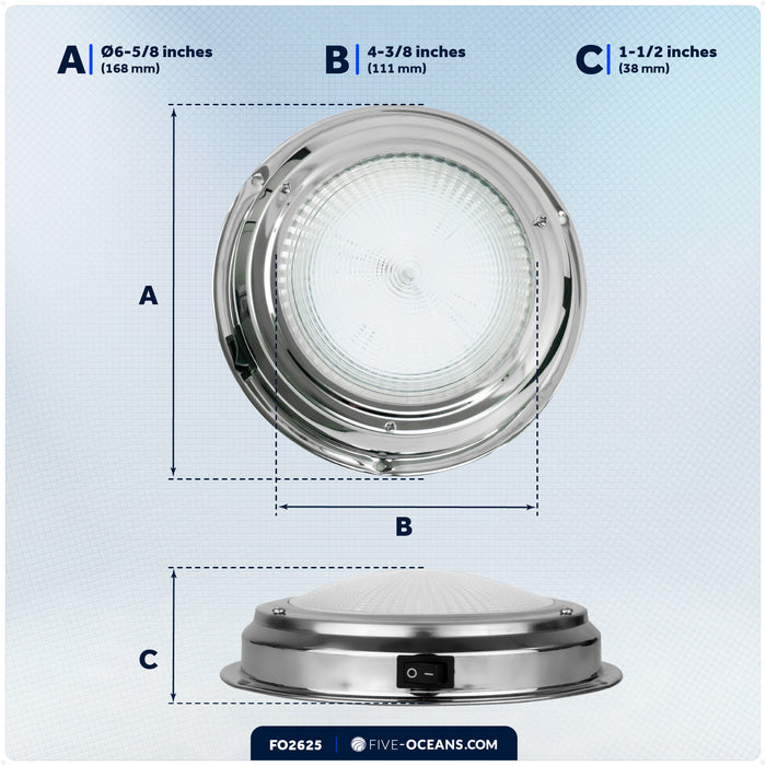 6" LED Surface-Mount Dome / Ceiling Light, Daylight White, Stainless Steel Housing, 12V - FO2625 - Five Oceans