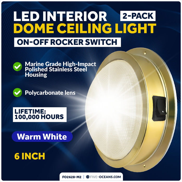 6" LED Surface-Mount Dome / Ceiling Light, Warm White, Gold Plated Brass Housing, 12V, 2-Pack - FO2628-M2 - Five Oceans