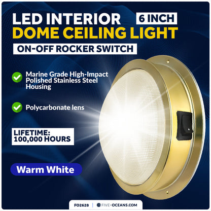 6" LED Surface-Mount Dome / Ceiling Light, Warm White, Gold Plated Brass Housing, 12V - FO2628 - Five Oceans