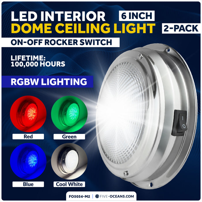 6" RGBW LED Dome Ceiling Light with Internal Drive, 12V, Stainless Steel Housing, 2-Pack - FO5054-M2 - Five Oceans
